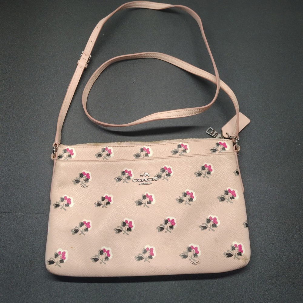 Coach Crossbody Bag Women Small Pink Floral Print Pebbled Leather Purse